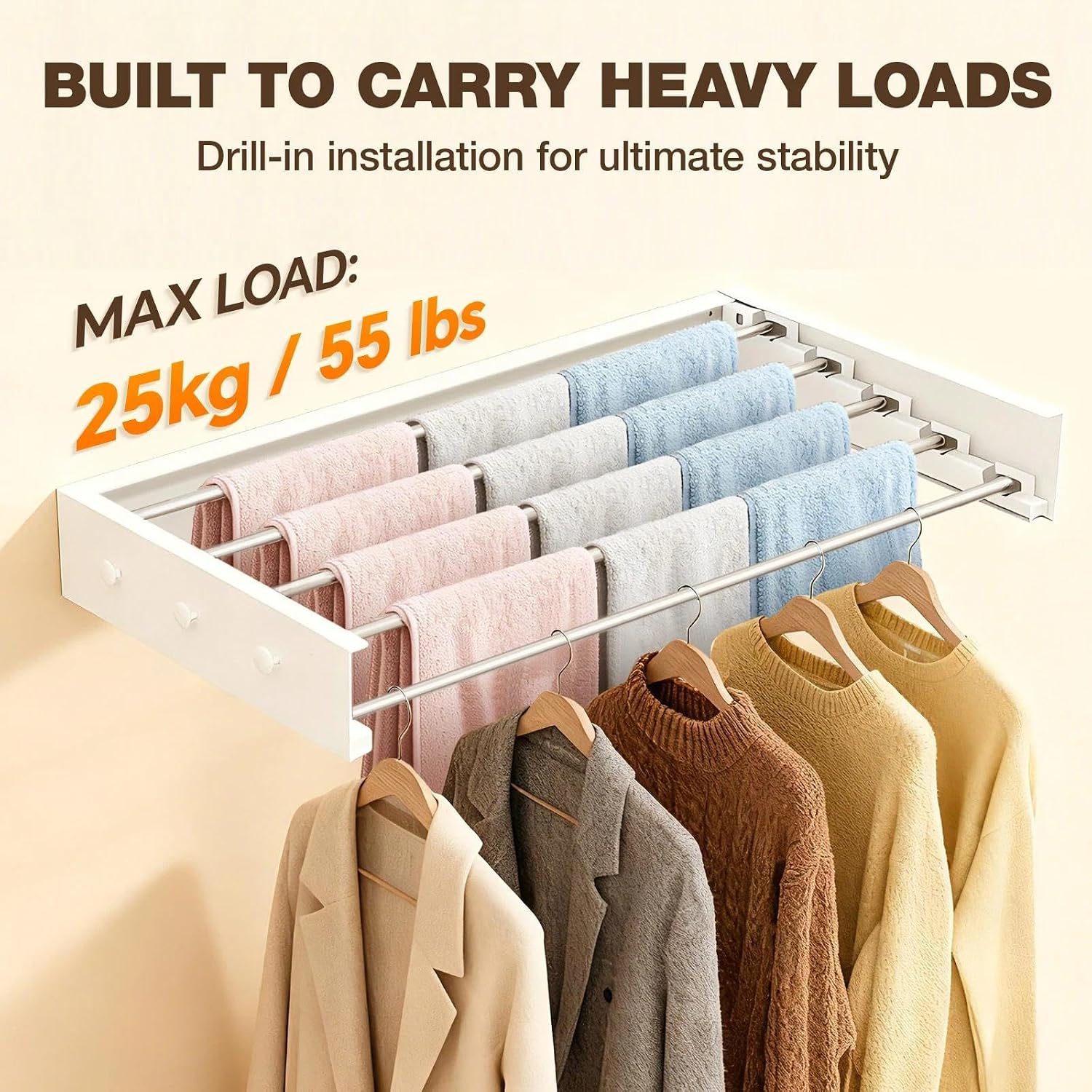 Thumbnail 3 de ZCOINS Foldable Wall Mounted Drying Rack — Space-Saving 5 x 80 cm Bars with 6 Hooks, Heavy-Duty 25 kg Capacity