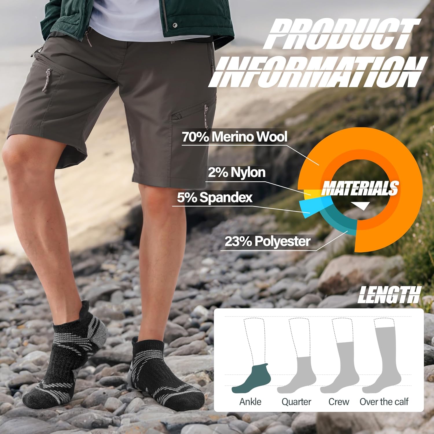 Detalle 1 de ANTSANG Merino Wool Ankle Socks for Hiking and Running, 6 Pairs