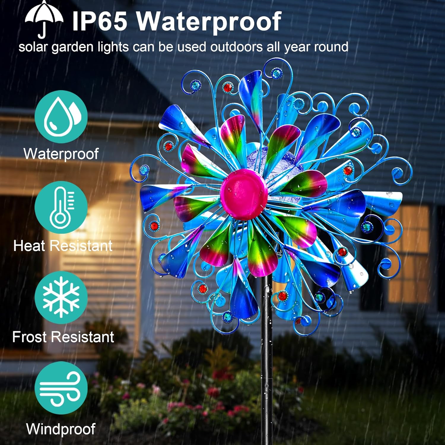 Thumbnail 2 de Solar Wind Spinner Outdoor Metal - Peacock Kinetic Garden Sculpture with Color-Changing LED Lights