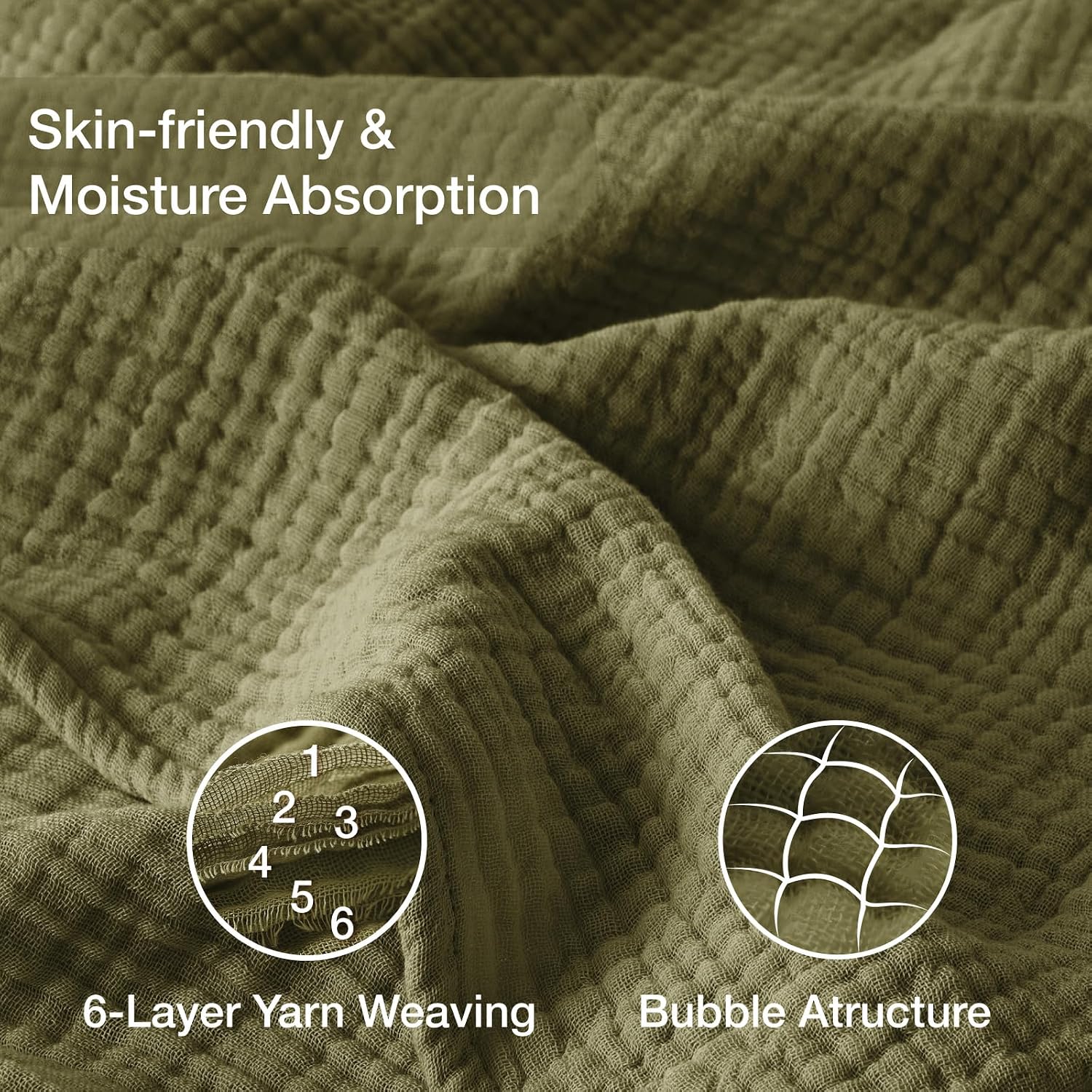 Detalle de Kozyhvn 100% Cotton Muslin Blanket (Twin 66" x 90") in Olive Green
