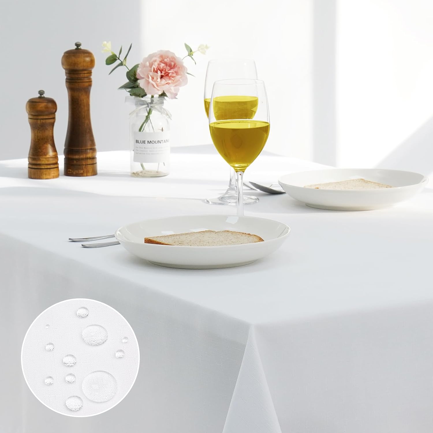 Detalle de AooHome abwaschbare Tischdecke in Weiß (Leinen-Optik) 140 x 220 cm – wasserabweisend mit Lotuseffekt