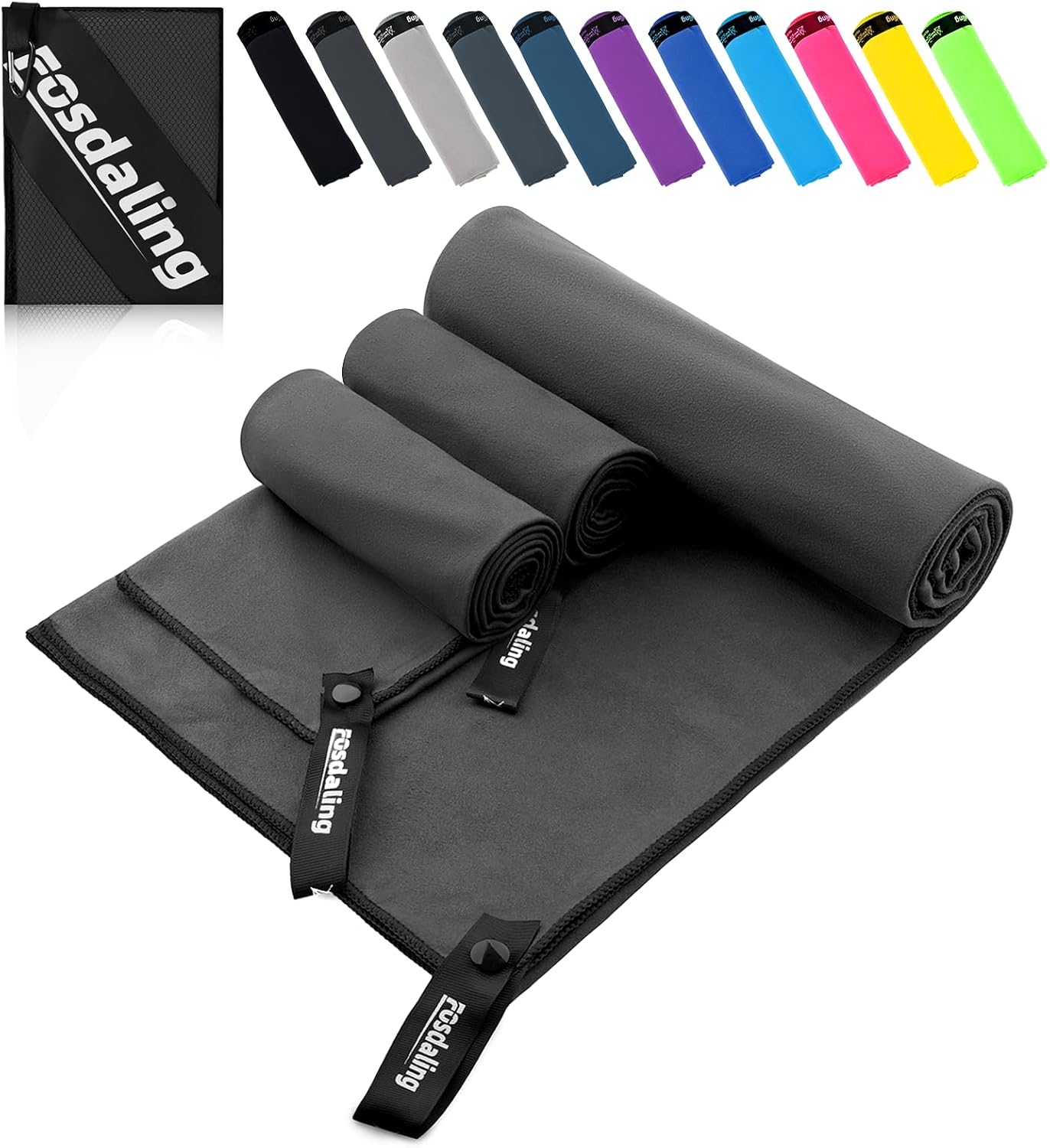 Detalle de Fosdaling Mikrofaser Handtuch-Set (3-teilig) in Dunkelgrau: 200×100 cm & 2× 80×40 cm
