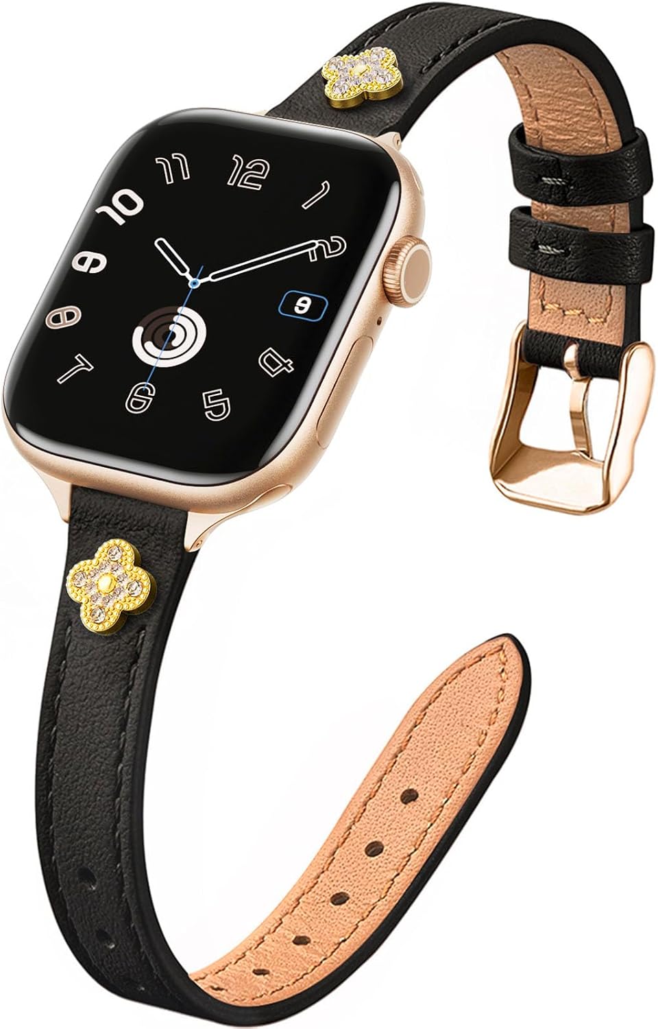 Detalle de STIROLL Slim Leather Apple Watch Band with Clover Charms, Black and Rose Gold