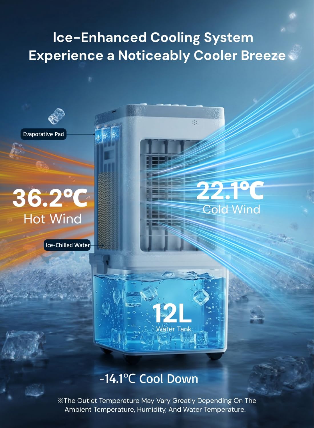Thumbnail 1 de 12L Portable Air Conditioner Evaporative Air Cooler Fan (3 Speeds, 120° Oscillation) – Quiet 35dB, with Wheels