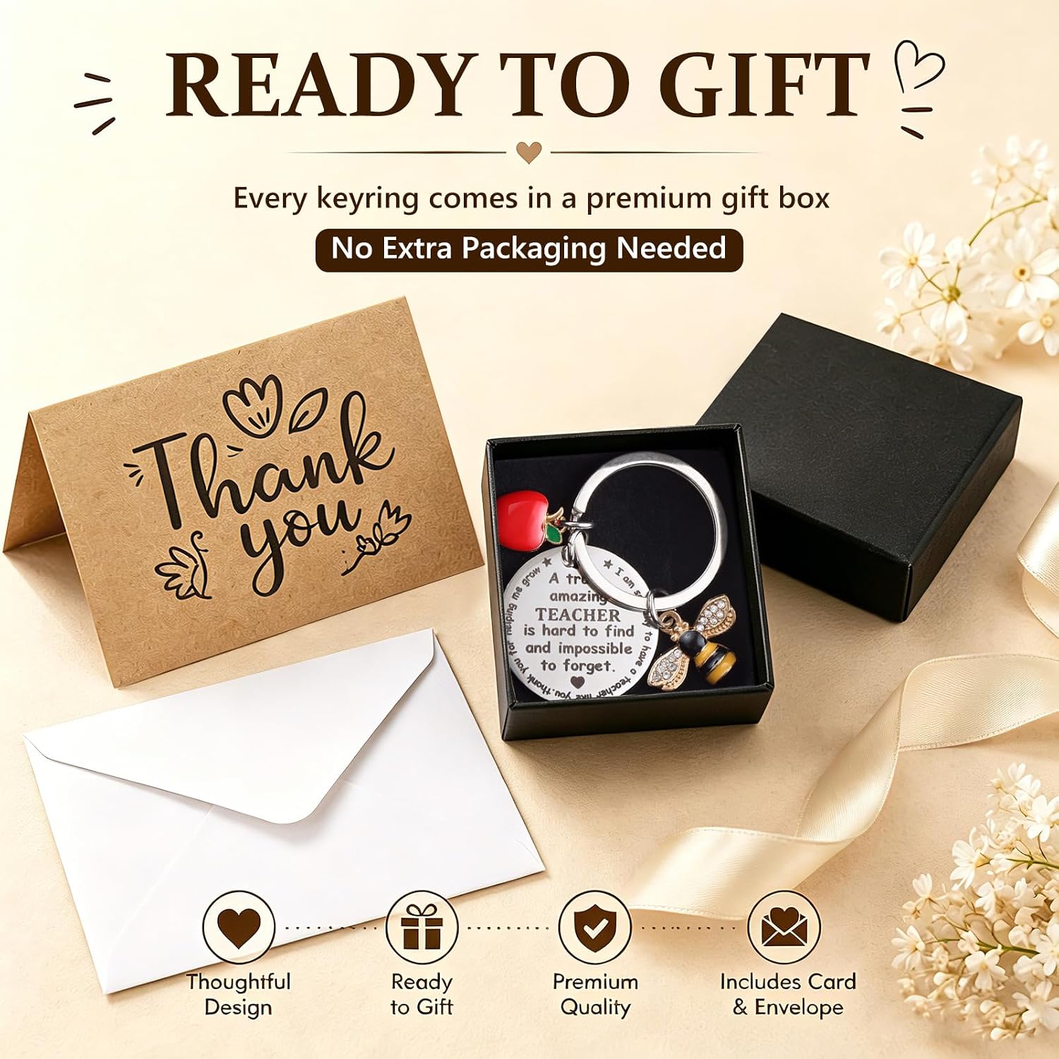 Detalle de 12 Pack Teacher Gifts Set: Thank You Keychains, Cards, Envelopes and Gift Boxes