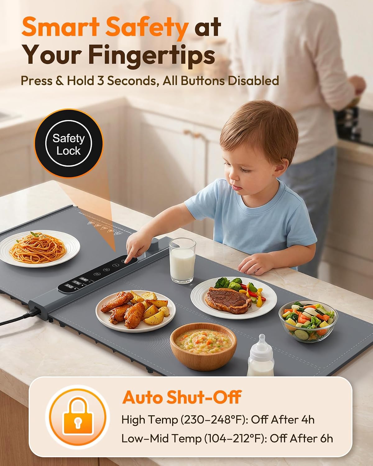 Thumbnail 6 de Yeeke Extra-Large Food Warming Mat, 3-Zone Control, 17 Settings, 6-Hour Timer