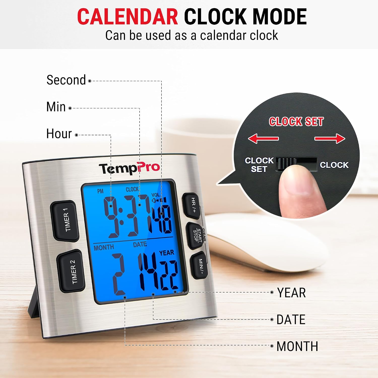 Detalle de TempPro TM02 digitale keukentimer met dubbele timer en rvs behuizing