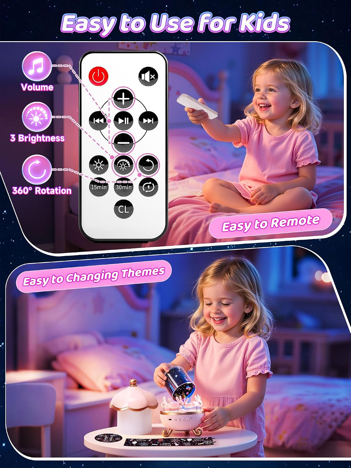 Detalle de Carousel Night Light for Kids: Unicorn Star Projector With Remote, Timer, Music & Films (315 Color Modes)
