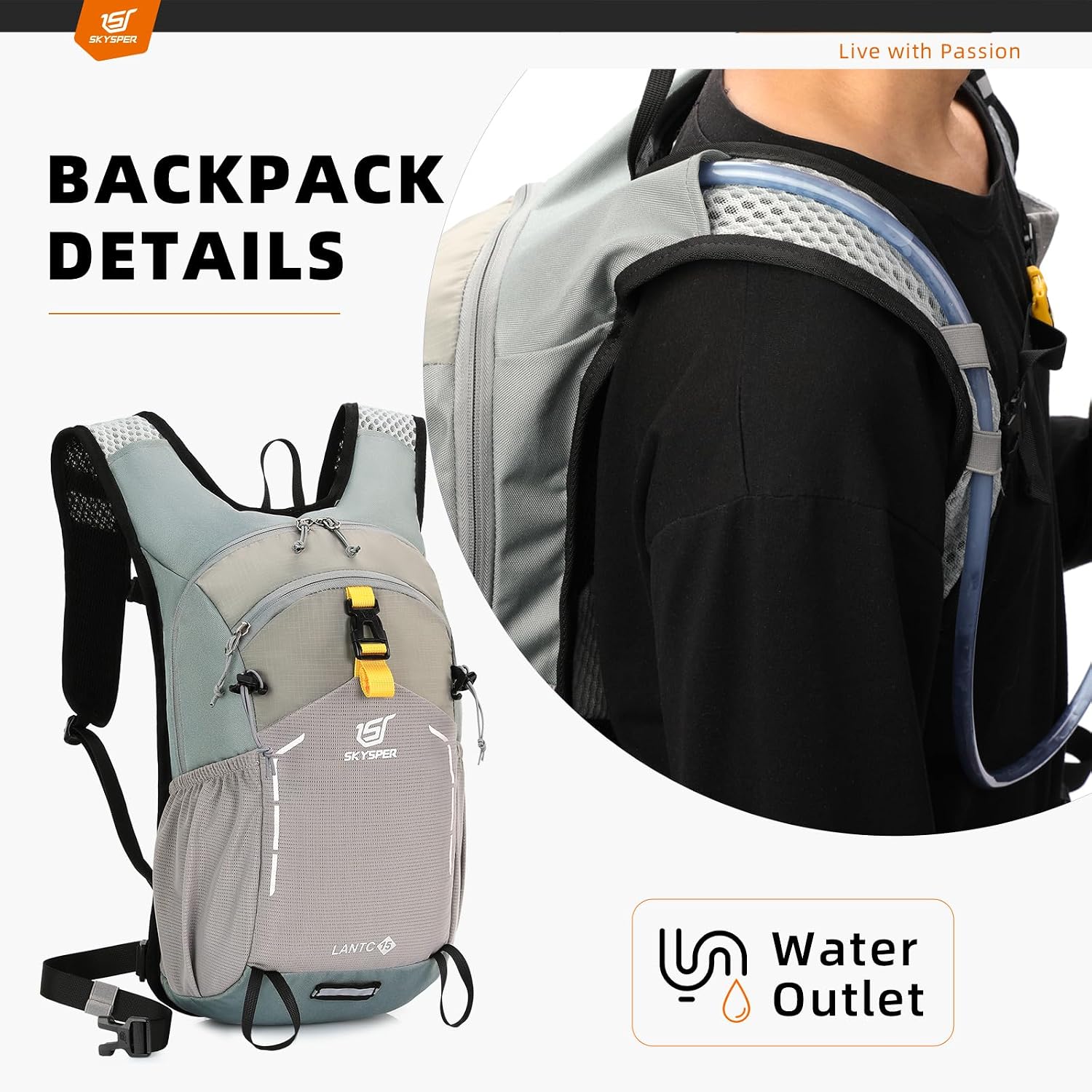 Detalle de SKYSPER Wanderrucksack 15L für Herren – leichter Tagesrucksack aus Ripstop-Nylon, hellgrau
