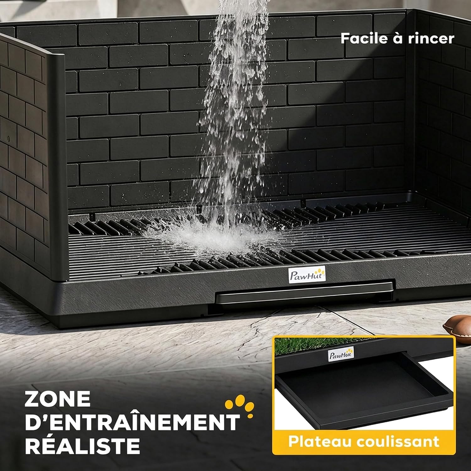 Detalle 1 de PawHut D07-070V00BK hondentoilet met kunstgras, hoge wanden en uitschuifbak
