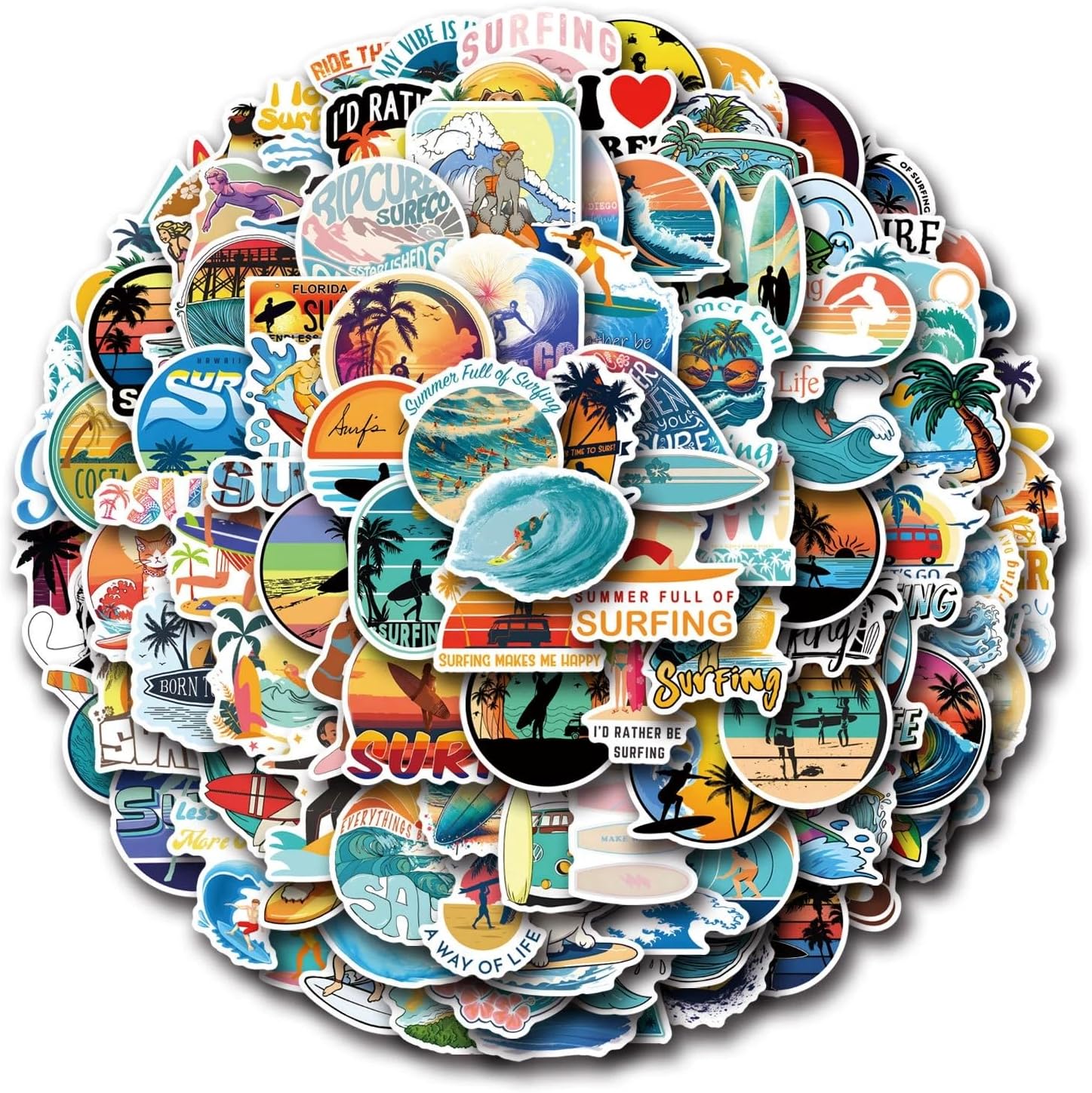 Detalle 2 de Luzhans Surf-Aufkleber-Set – 100 wasserdichte Vinyl-Sticker für Auto, Laptop, Handy, Board und mehr