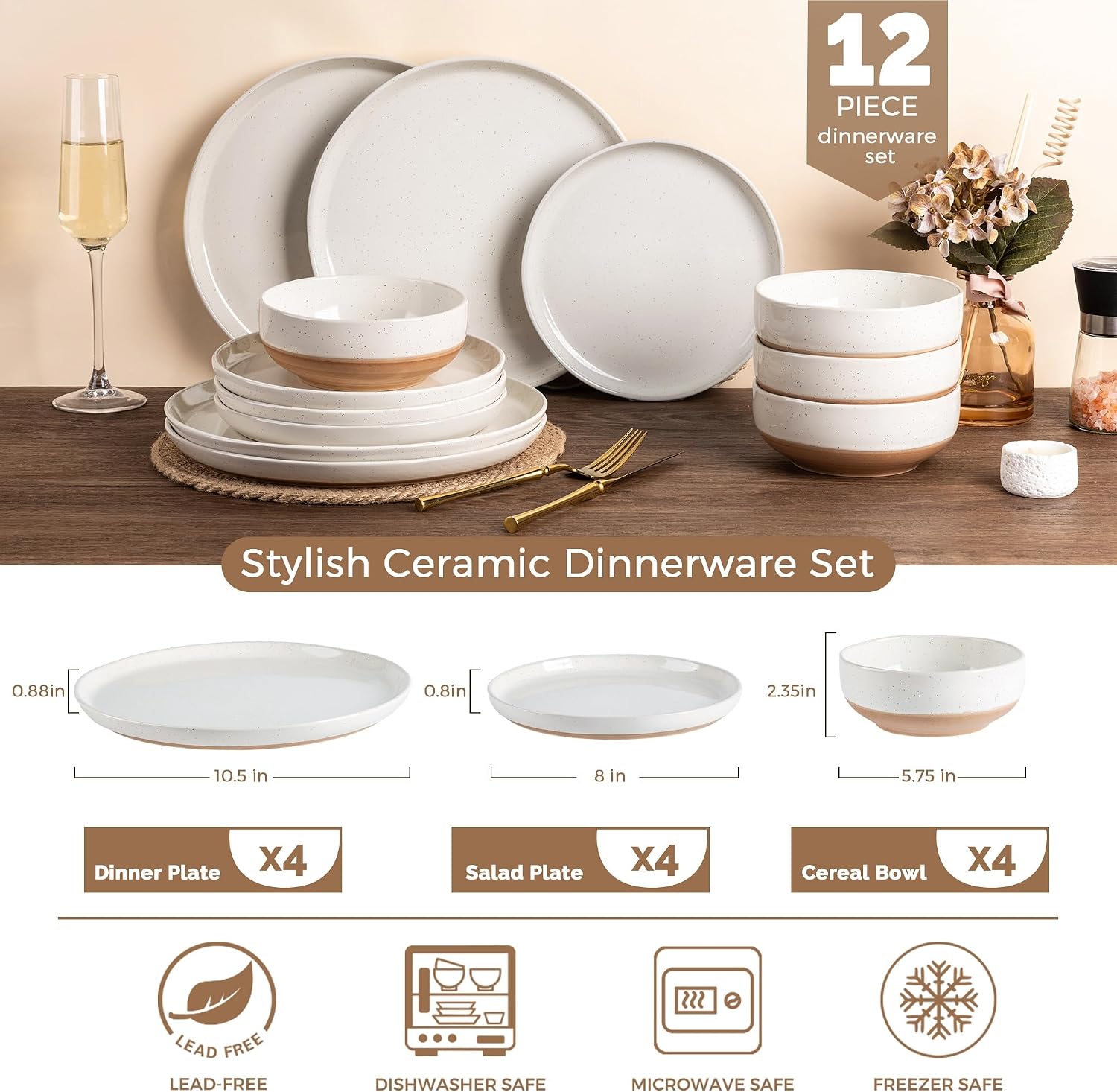 Detalle de AmorArc Handpainted Ceramic Dinnerware Set (12-Piece) – Stoneware Dishes for 4