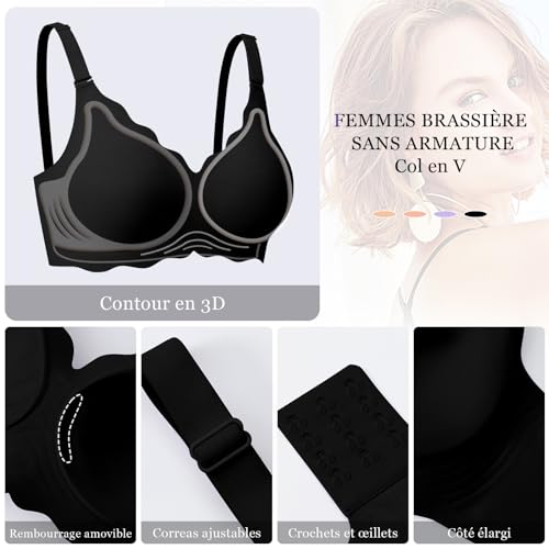 Detalle de Ganado Soutien-Gorge Femme sans Armature Sexy Col en V Brassière avec Coussinets Bralette sans Coutures Noir, L
