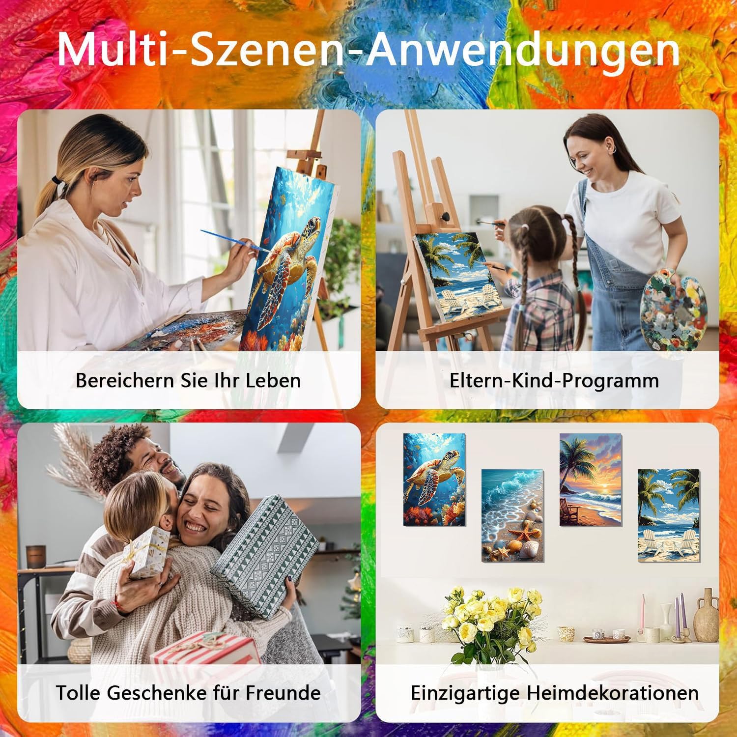 Thumbnail 6 de Pujeknm 4 Stück Malen nach Zahlen Erwachsene mit Rahmen – 20x30 cm, Strand-Schildkröte, Holzstaffelei, DIY Acryl-Ölmalerei Set