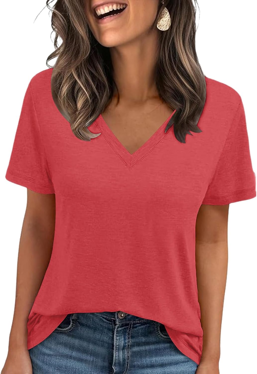 Thumbnail 6 de Cuptacc Damen T-Shirt mit V-Ausschnitt, kurzarm, einfarbig – Basic für Sommer & Alltag