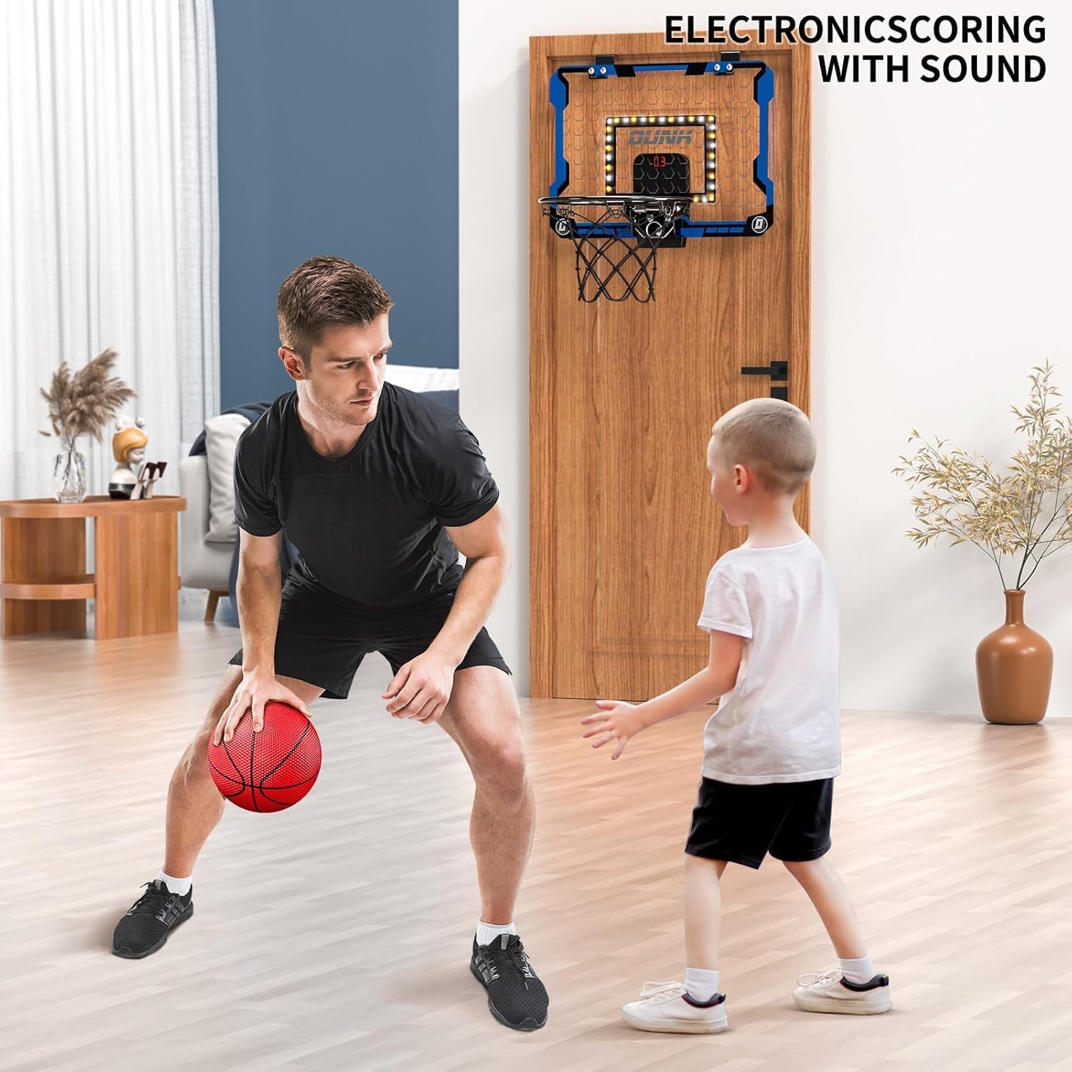 Detalle de TEMI Indoor Over-The-Door Basketball Hoop with 4 Balls – LED Backboard, Scoring & Sound Effects