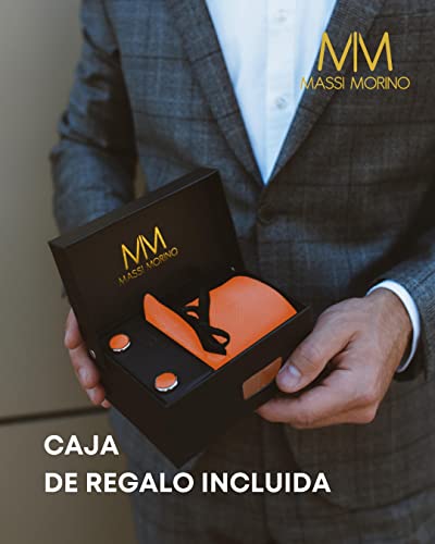 Detalle de Massi Morino Corbata Naranja con Pañuelo a Juego 5 en 1 – Set Hombre para Boda