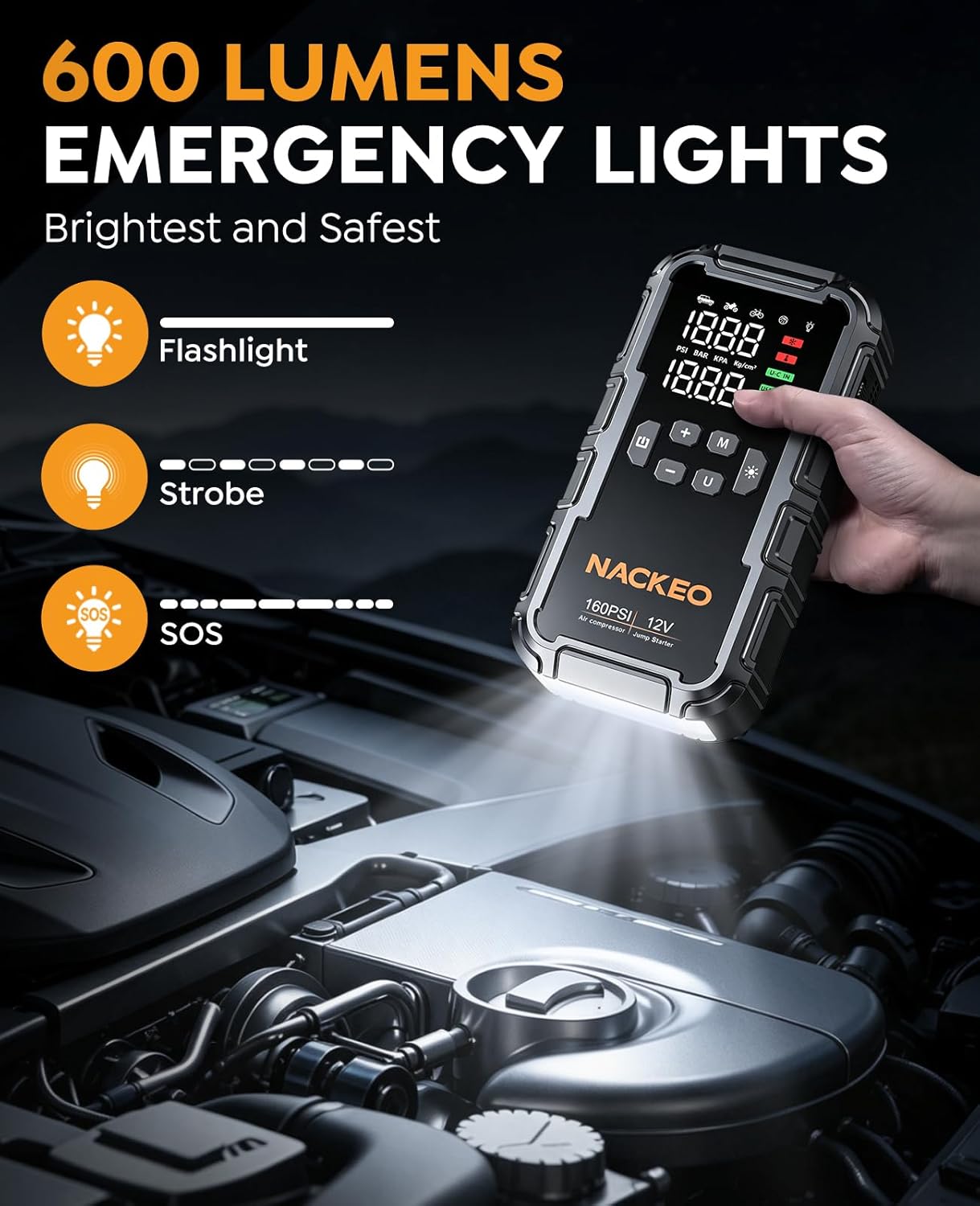 Thumbnail 4 de 8000A Jump Starter Power Pack with Air Compressor (160 PSI) and 600LM LED — All-in-One Car Battery Booster