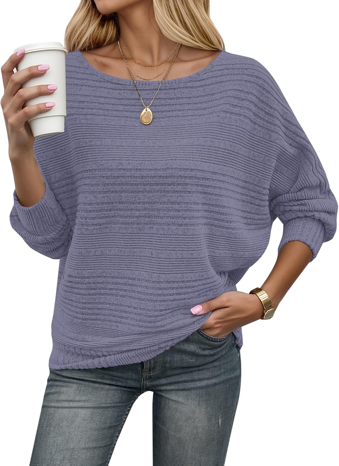 Detalle de WNEEDU Women's Ribbed Knit Tunic Sweater, Long Sleeves, Batwing Sleeves, Crewneck