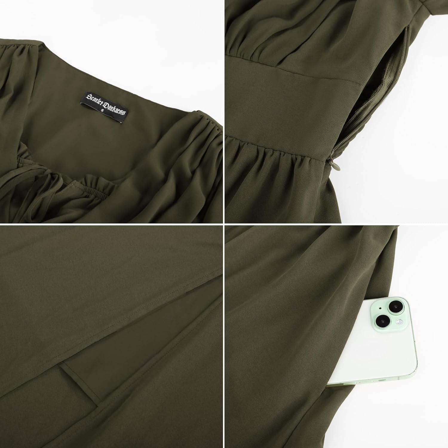 Thumbnail 5 de SCARLET DARKNESS Damen Renaissance Kleid mit V-Ausschnitt, 3/4-Ärmeln und Knopflöchern vorne