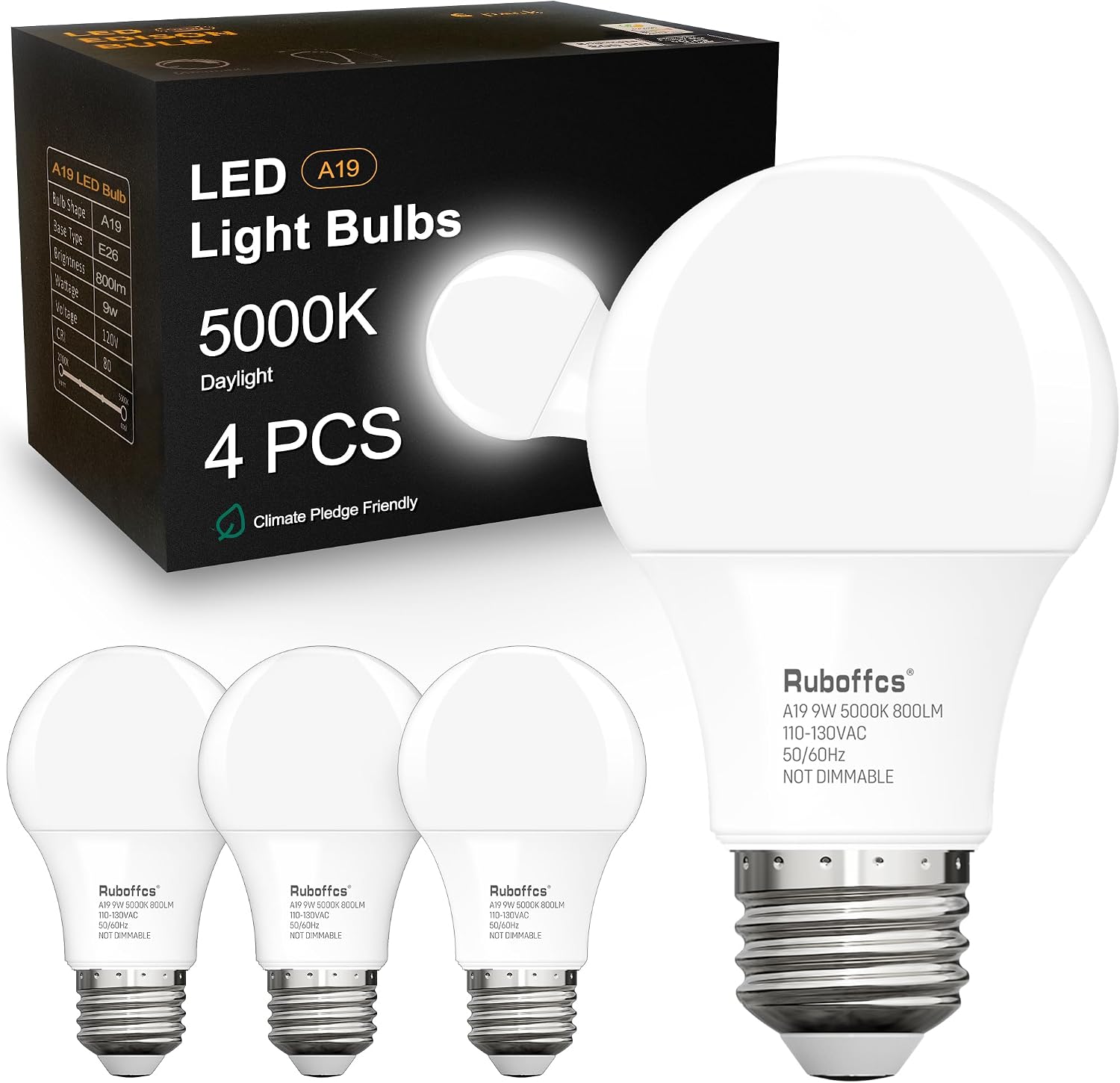 Detalle de Ruboffcs R-A19-9W A19 LED Bulbs, 5000K Daylight, 800 Lumens, 4-Pack