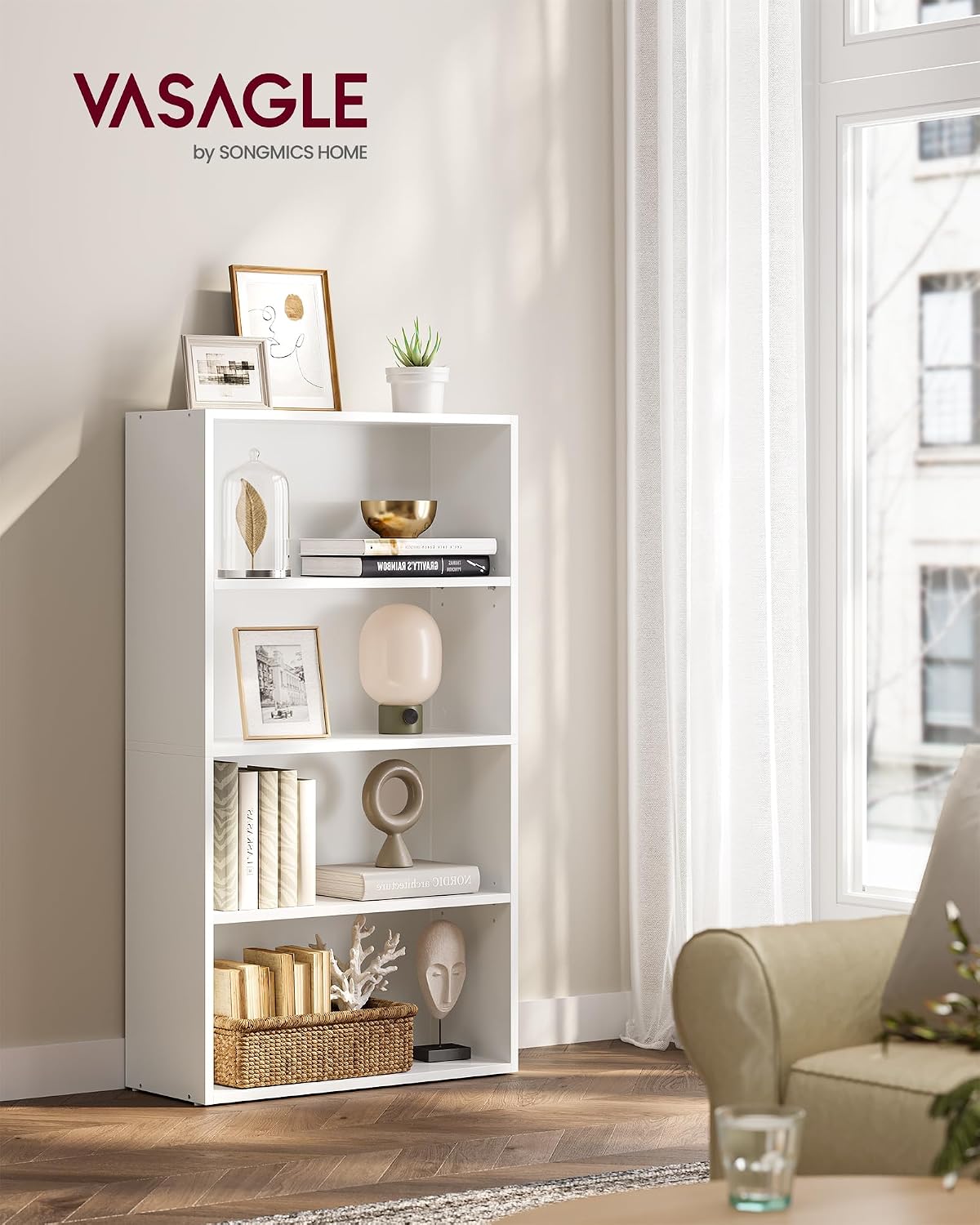 Detalle 2 de VASAGLE Scaffale a 4 ripiani LBC164T14, libreria bianca nuvola con ripiani aperti e regolabili