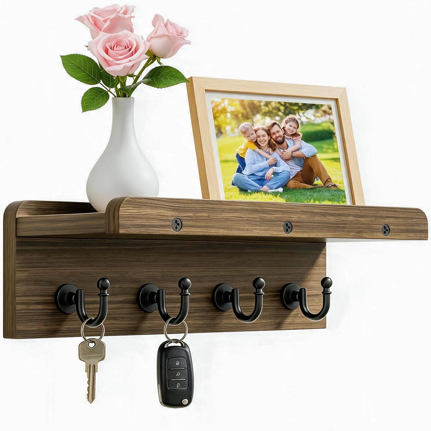 Detalle de KISENG KH-mini-zhiban Wall-Mounted Key and Mail Organizer, 4 Hooks, Wood