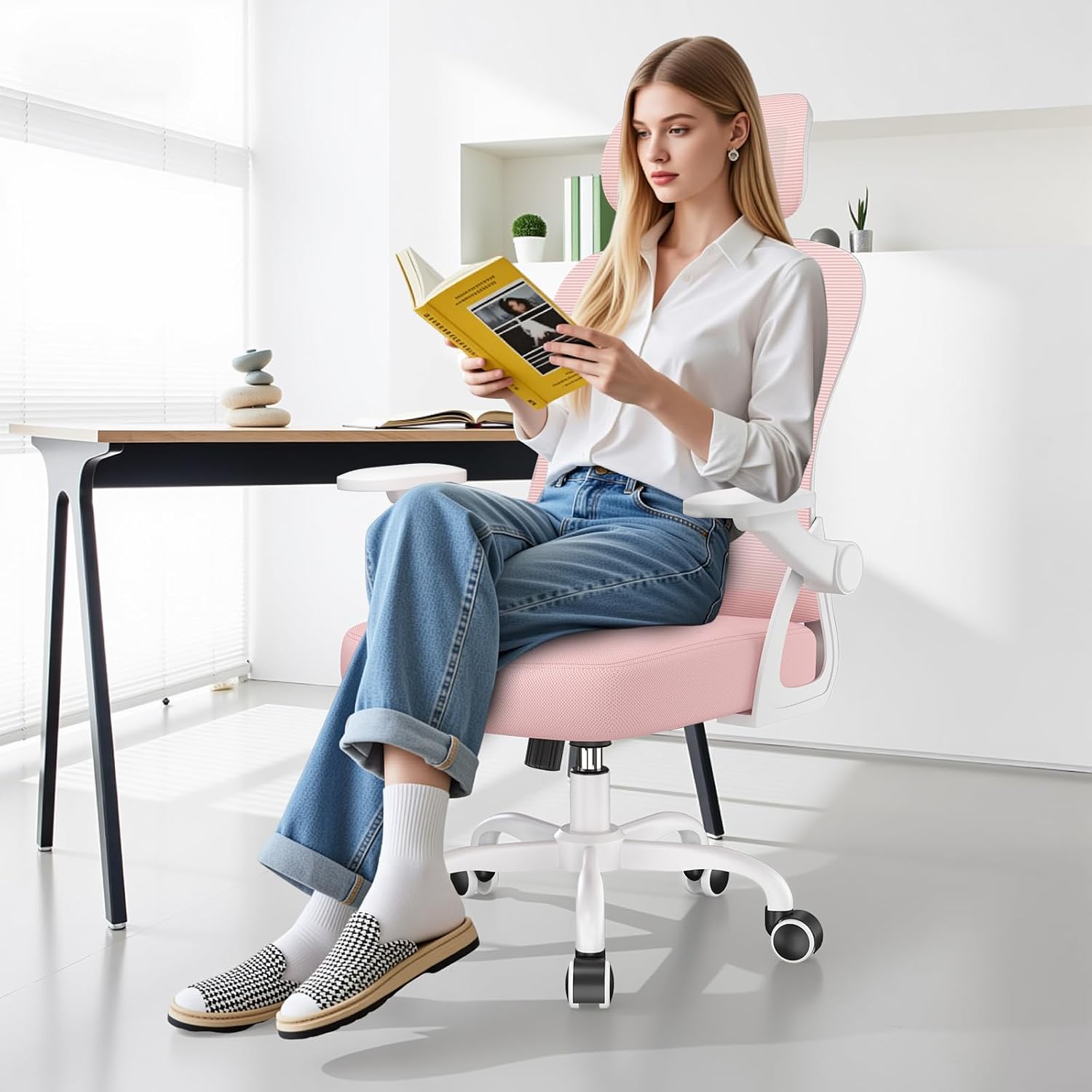 Detalle de naspaluro Ergonomischer Schreibtischstuhl Rosa – Kompakter Drehstuhl mit Kopfstütze und hochklappbaren Armlehnen