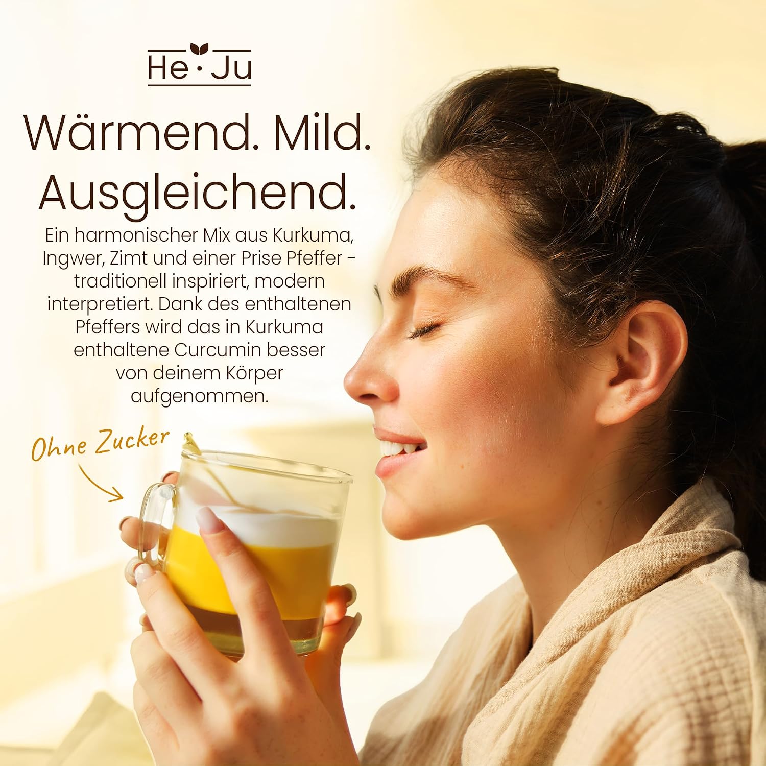 Detalle de He-Ju Bio Goldene Milch Classic – Kurkuma-Latte Pulver mit Lucuma & Prise Pfeffer, zuckerfrei, vegan (150 g)