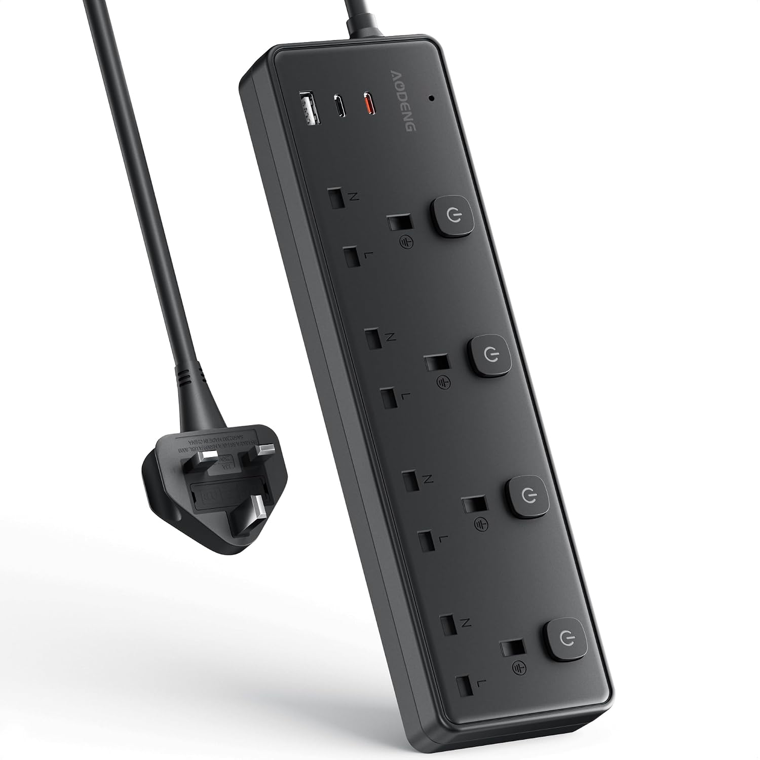 Thumbnail 6 de Extension Lead with 4 Sockets and 3 USB Ports (30W) – 2m, 4 Individual Switches, Surge Protected, Wall Mountable