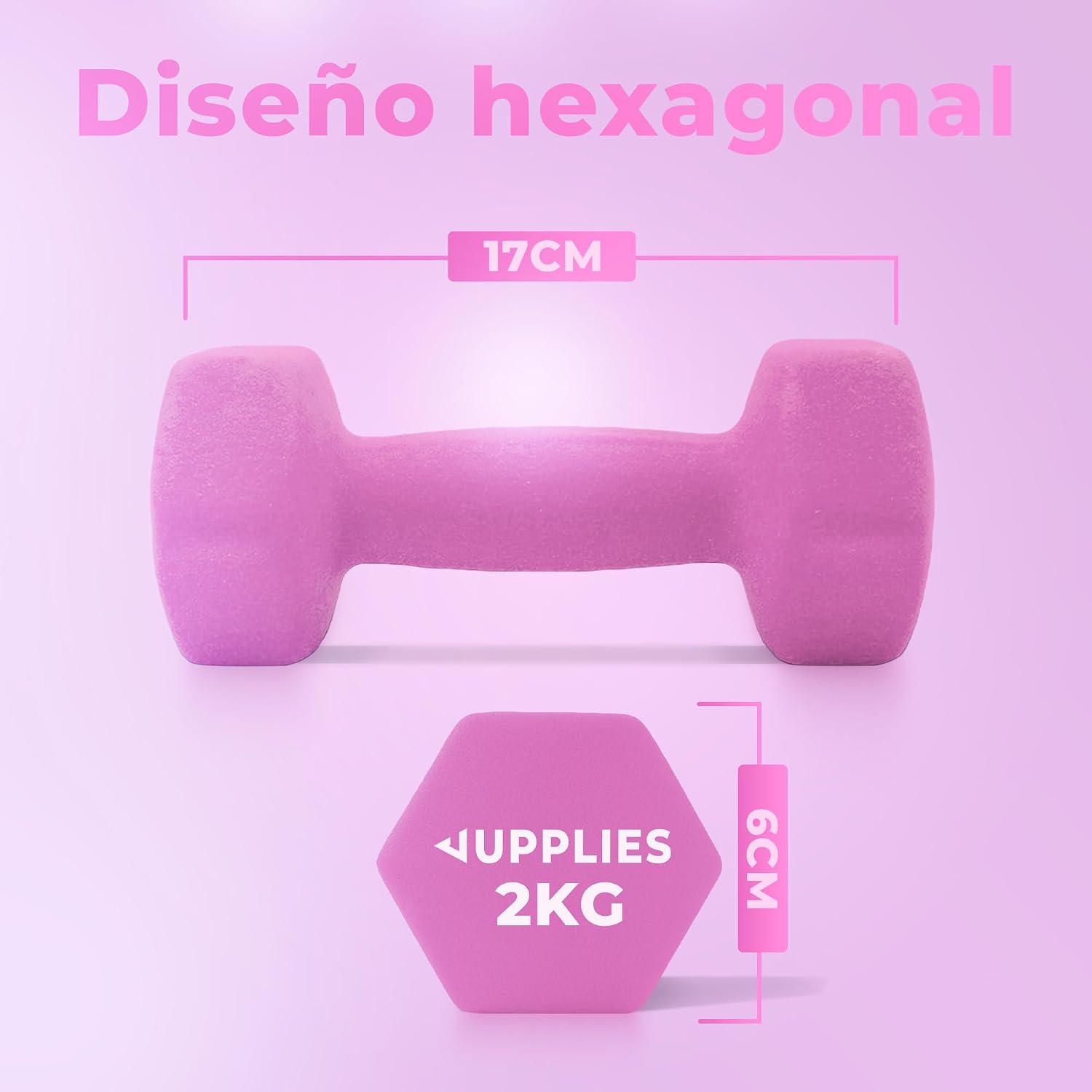 Detalle de JUPPLIES Juego de Mancuernas de Neopreno Rosa 2 x 2 kg – Antideslizantes, diseño hexagonal y compacto