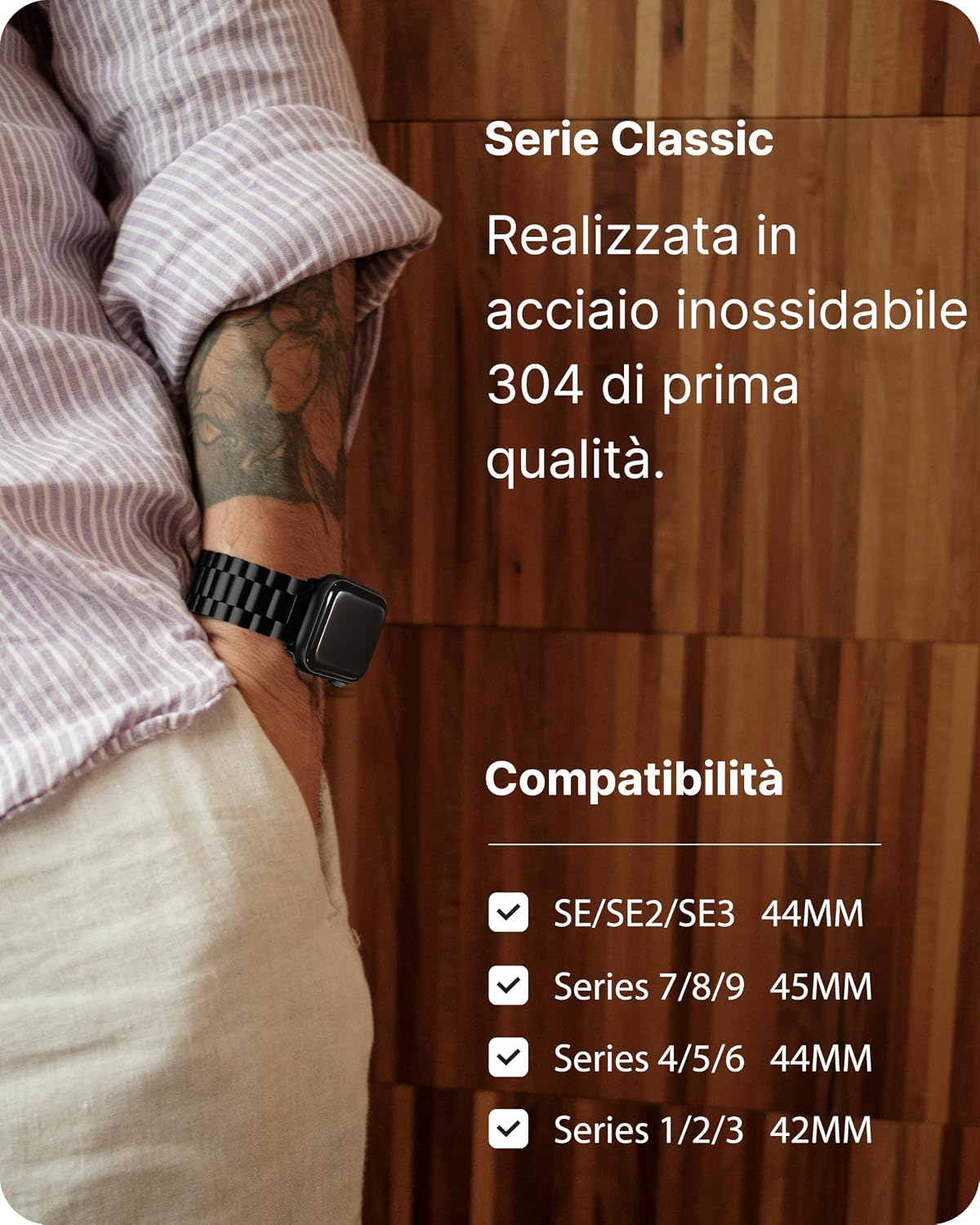Detalle de Fullmosa cinturino in acciaio inox per Apple Watch 40/41/42/44/45/46/49 mm, nero – compatibile con Ultra/SE/Serie
