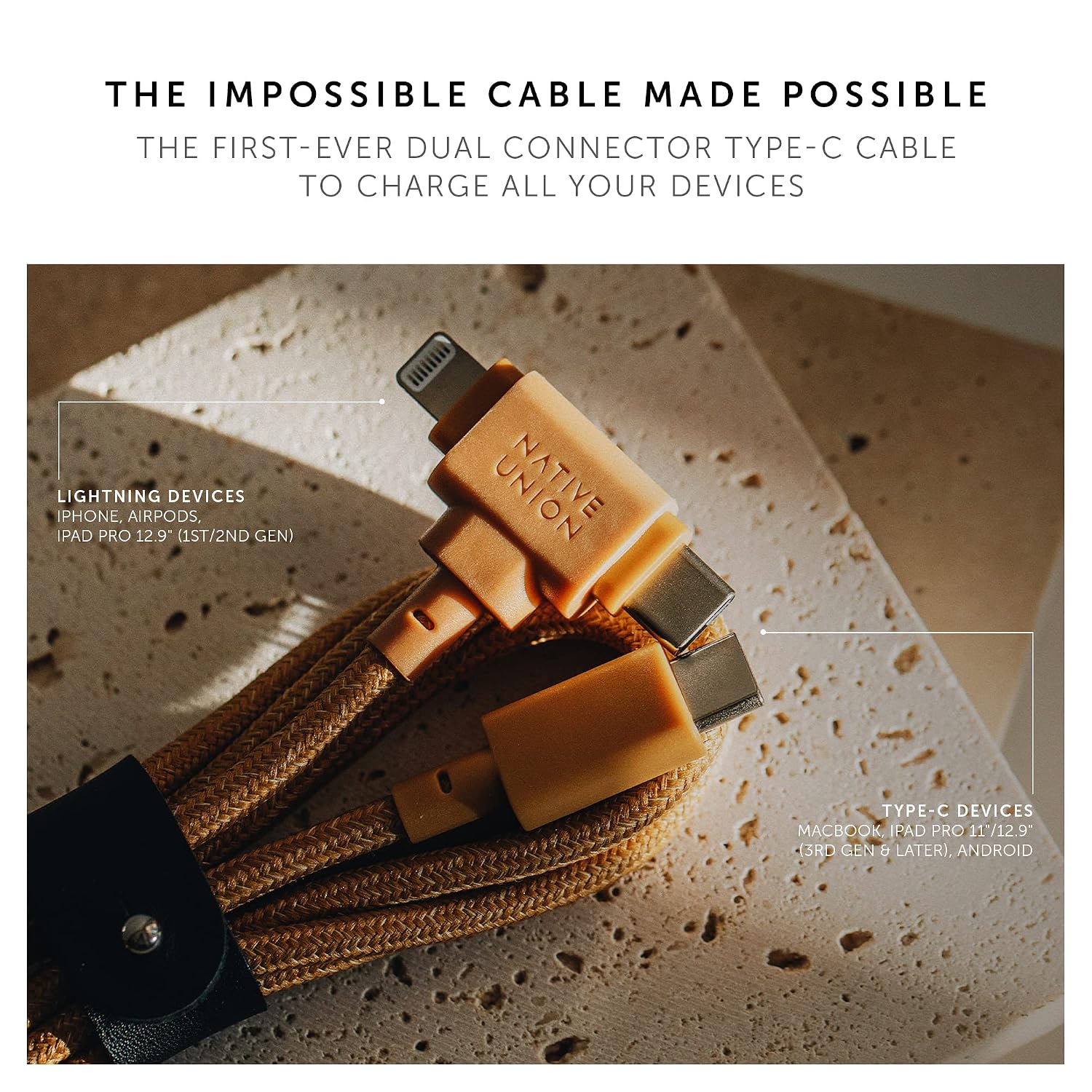 Detalle de Native Union Belt Cable Duo 1.5m/5ft ultra-strong braided 2-in-1 MFi charging cable (Lightning & Type-C) – Kraft