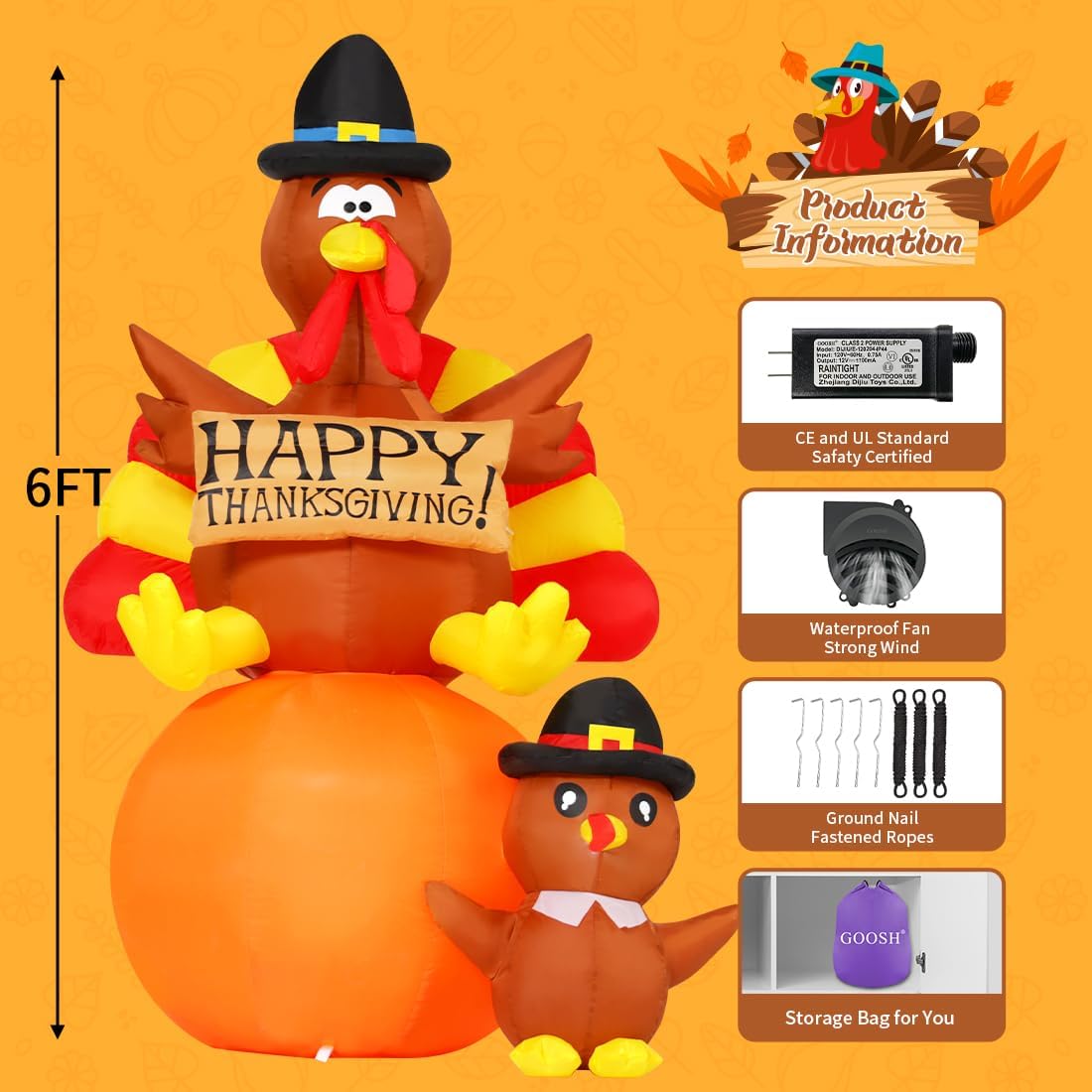 Detalle 2 de GOOSH 6-Foot Thanksgiving Inflatable Turkey with Built-In LEDs