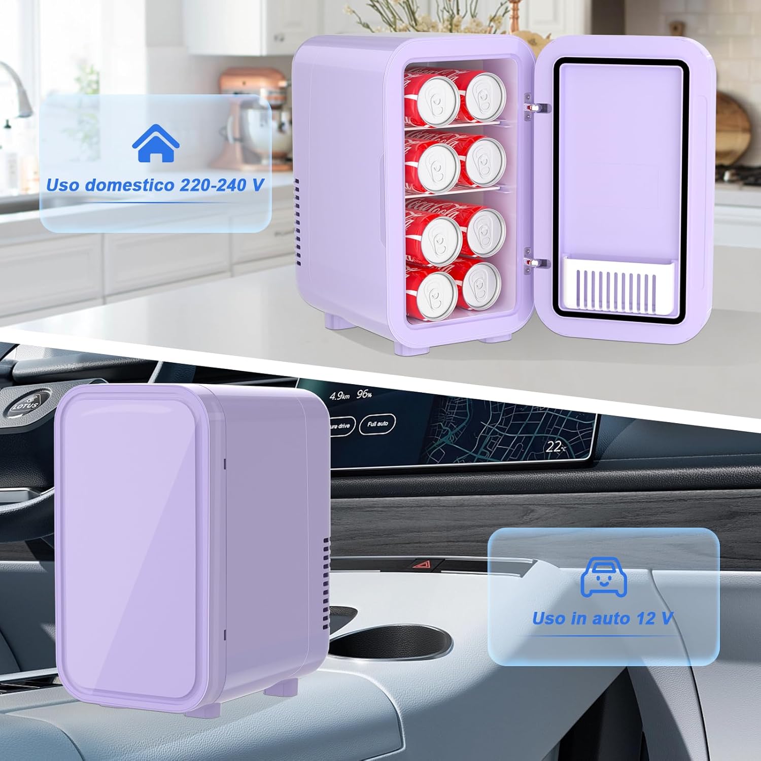 Detalle de YASHE Mini frigo da 6 litri/8 lattine, raffreddamento e riscaldamento, AC/DC, viola
