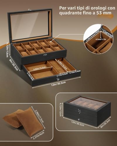Detalle de Scatola Porta Orologi Uten a 10 Scomparti, 2 Livelli in Legno di Paulownia con Coperchio in Vetro