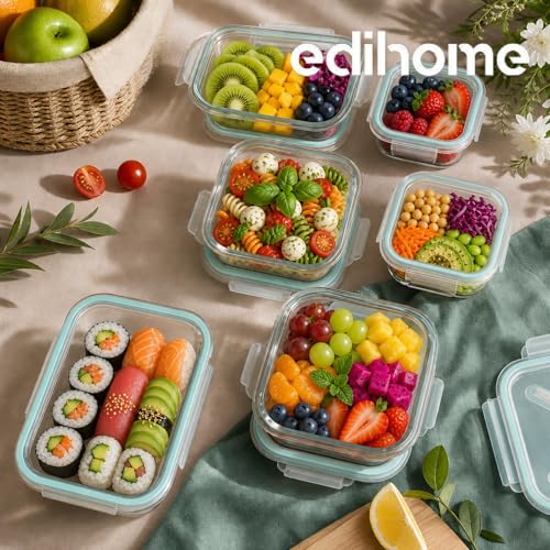 Thumbnail 7 de edihome Recipientes de Cristal para alimentos, 14 piezas: set hermético con tapas y borosilicato, apto lavavajillas, congelador y microondas