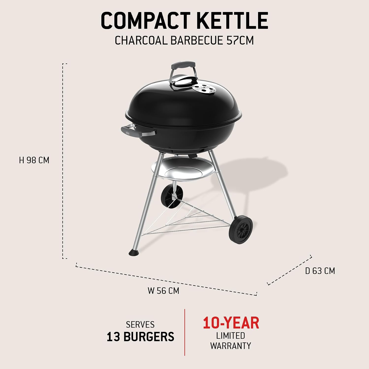 Detalle de Weber Compact Kettle Holzkohlegrill (2026 Version) – 57 cm, Schwarz mit Rädern & Dreibein-Ständer