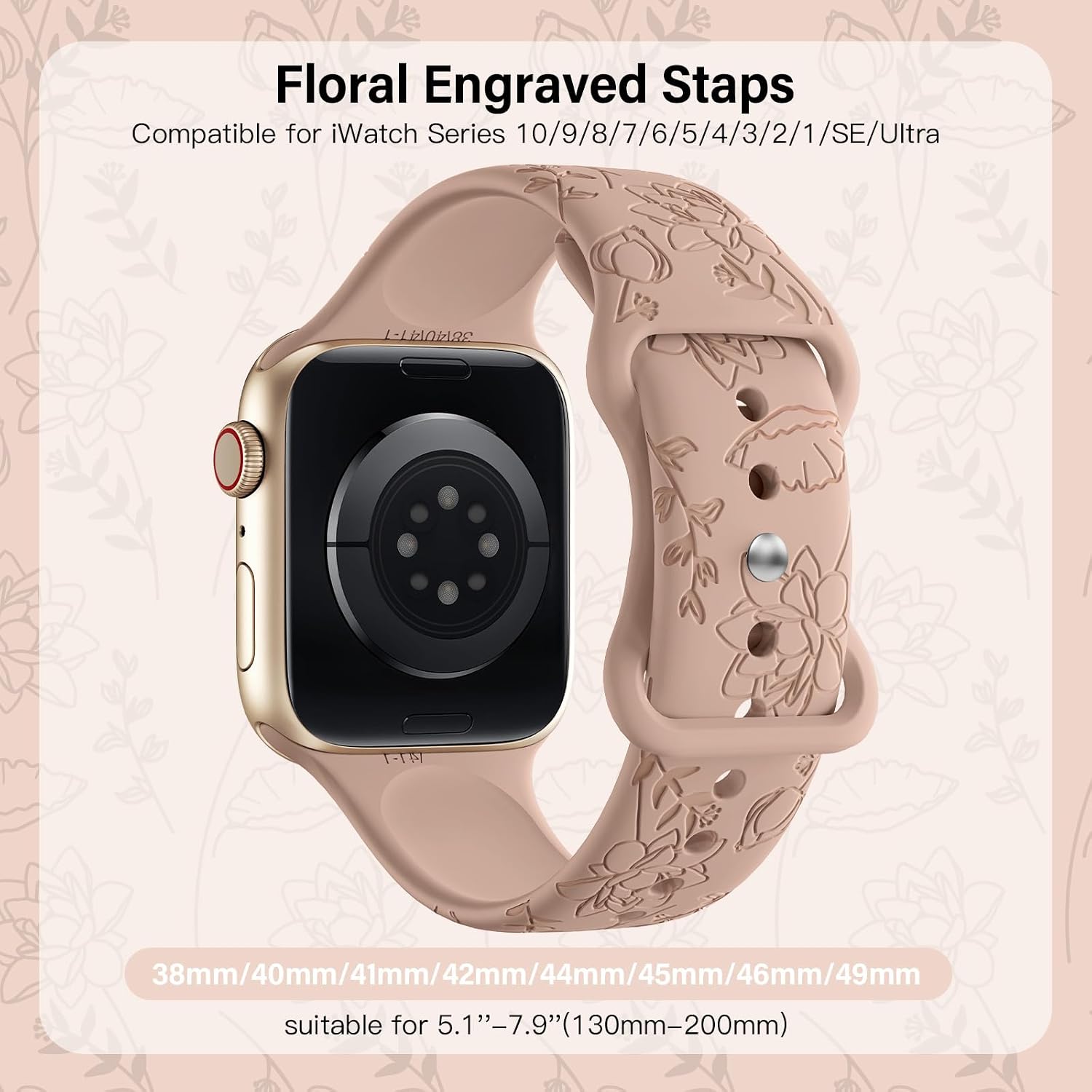 Detalle de Yoohoo Floral Engraved Strap Silicone Band for Apple Watch (38mm–49mm), Milk Tea