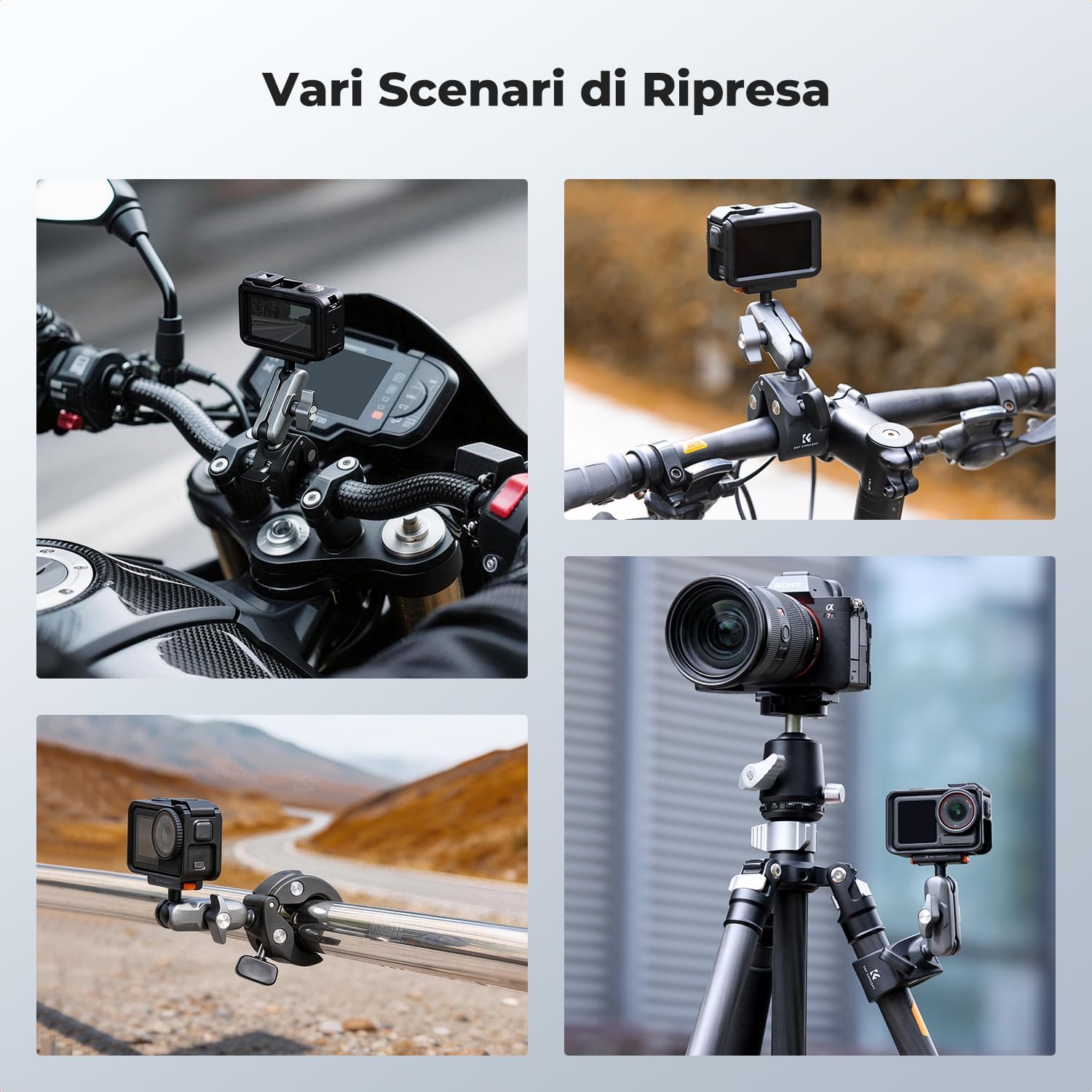 Thumbnail 6 de K&F CONCEPT Pinza per fotocamera/action camera con doppia testa sferica 360° per manubrio bici/moto