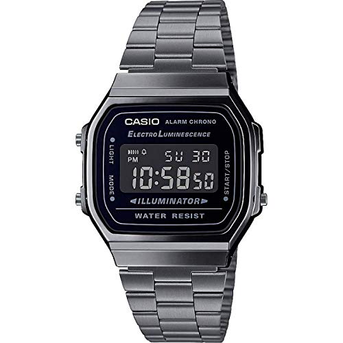 Detalle de Casio Vintage A168WEGG-1BEF: orologio digitale retrò con cassa grigia in resina