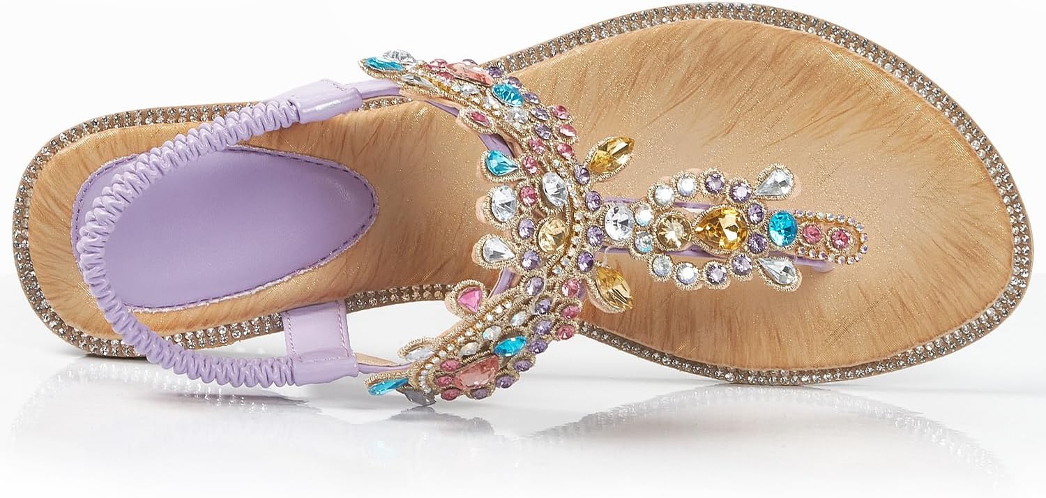 Thumbnail 2 de iCKER Women's Boho Beaded Flat Sandals – Leather PU Upper, Rhinestone Straps & Elastic Ankle Strap