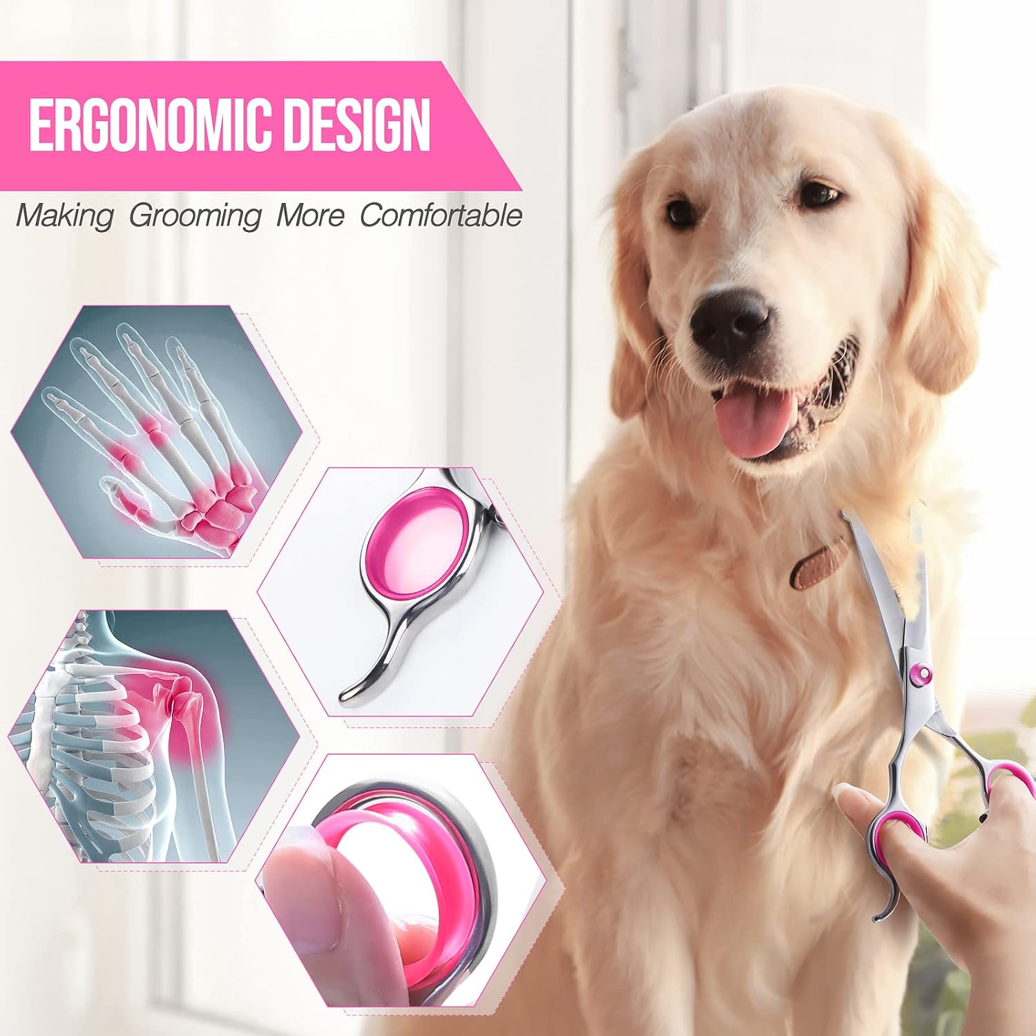 Detalle de Gimars Dog Grooming Scissors Kit (4CR Stainless Steel) – Safety Round Tip, 5 in 1 Thinning & Curved/Straight Shears Set