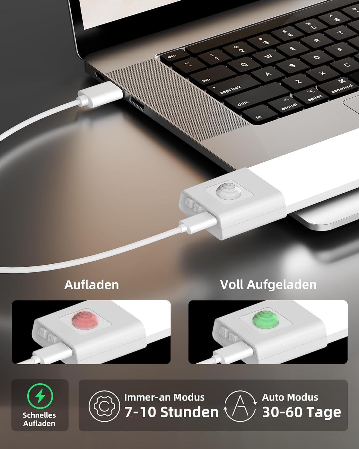Detalle de EZVALO Schrankbeleuchtung 30 cm – 50 LEDs, Bewegungsmelder, 3 Farbtemperaturen, wiederaufladbar (3er-Pack)