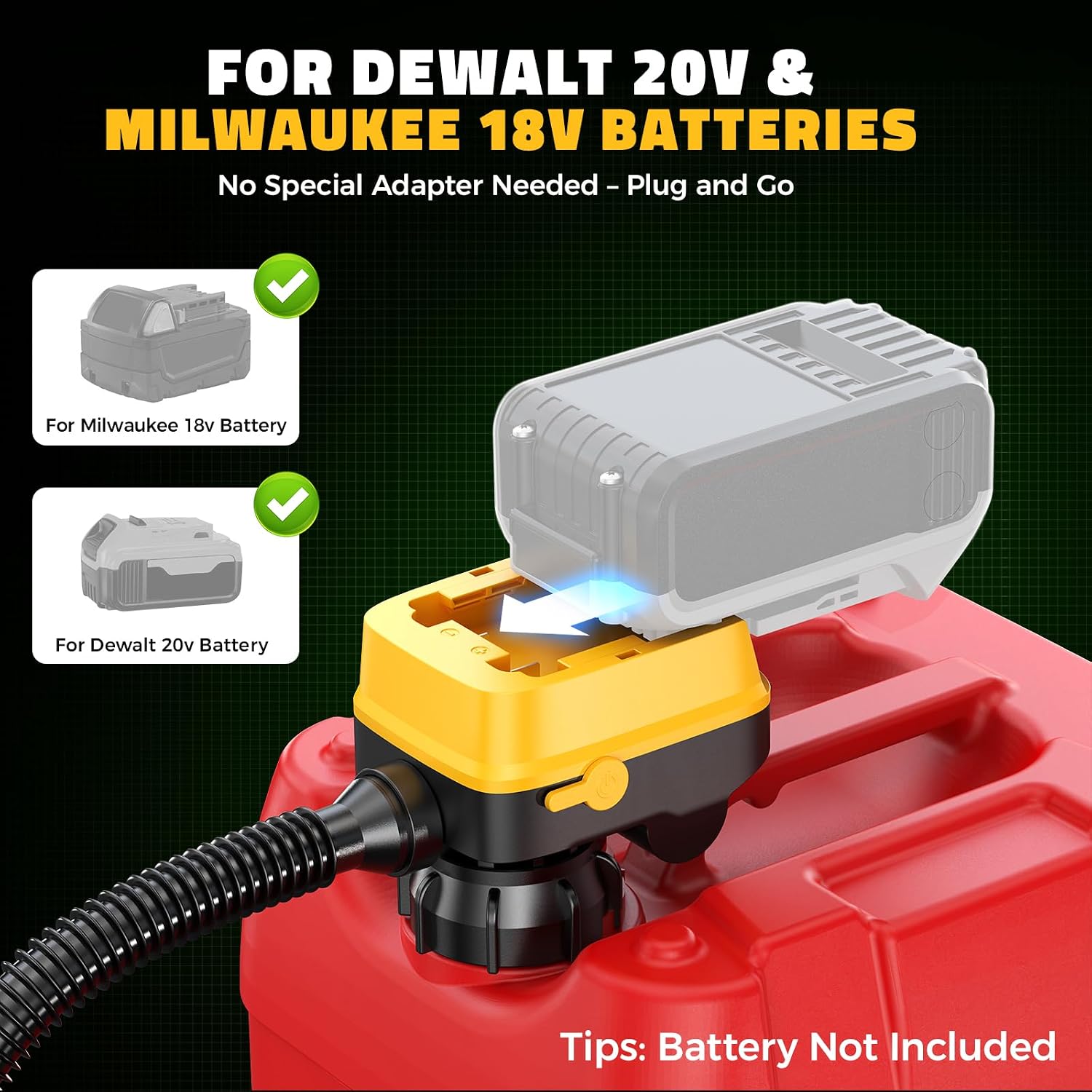 Detalle de DIYtoolifz Cordless Fuel Transfer Pump with Auto-Stop (3.2 GPM) for DeWalt 20V & Milwaukee 18V Batteries