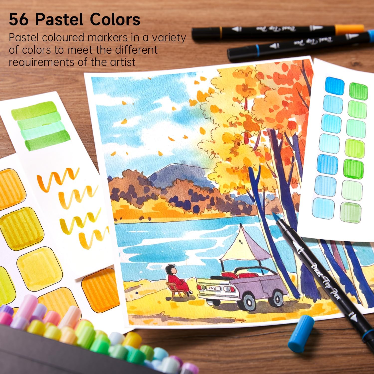 Detalle de Shuttle Art Pastel Brush Pens (56 colours) – Dual tip brush markers with fineliner for colouring, sketching and journaling