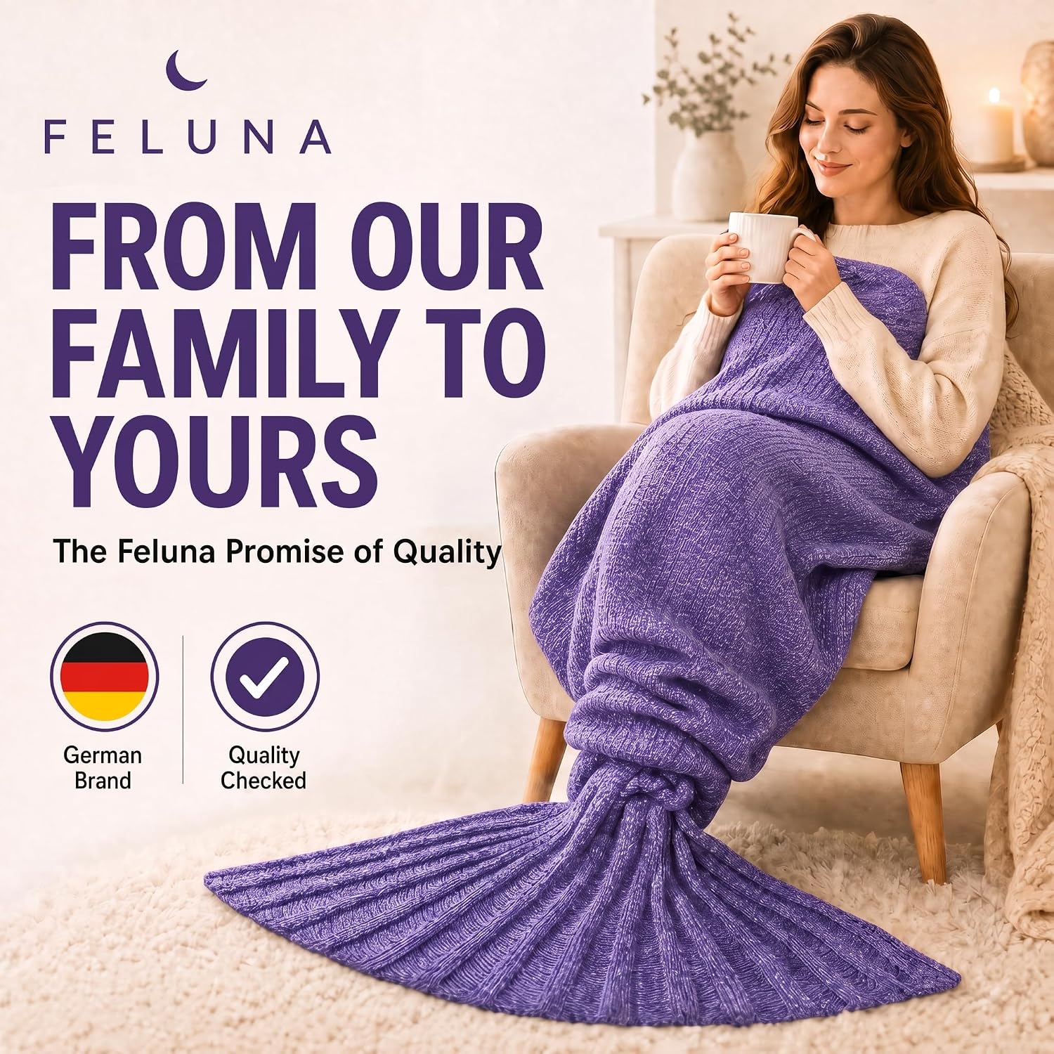 Thumbnail 6 de Feluna Mermaid Tail Blanket, knitted acrylic blanket, 180 x 85 cm, violet purple