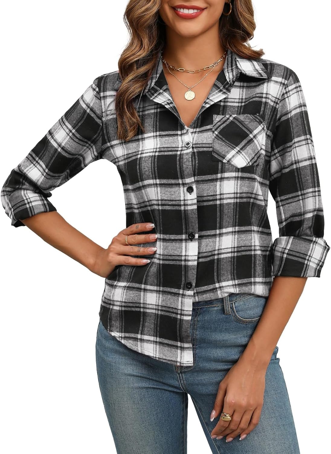 Thumbnail 6 de Zeagoo Chemise Femme à Carreaux à Manches Longues – Chemisier chic à col en V