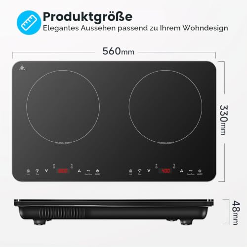 Detalle de AAOBOSI Induktionskochfeld 2 Platten – tragbares Kochfeld mit Sensor-Touch, 3500W, EU-zugelassen