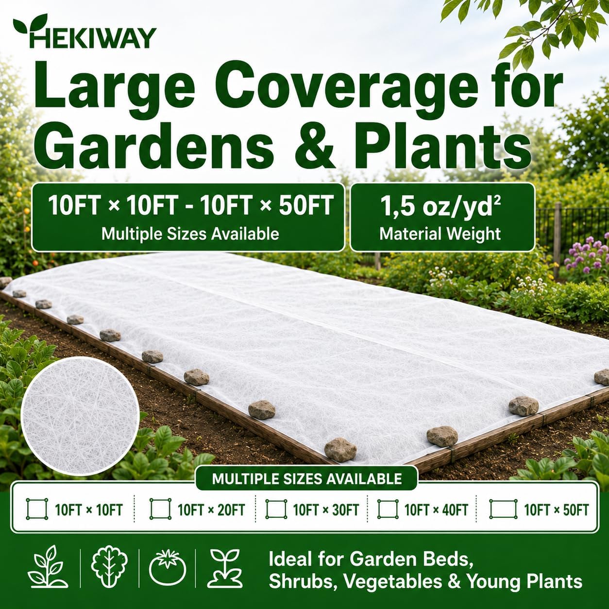 Detalle de HEKIWAY FHDT Frost Cloth, 10 FT x 10 FT Polypropylene Plant Cover